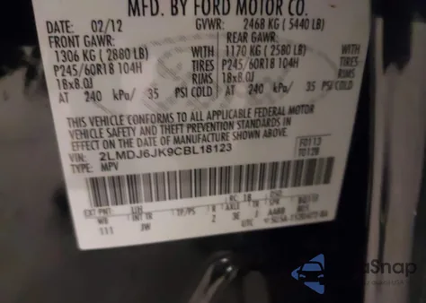 2012 Lincoln Mkx z USA, uszkodzony, nr VIN 2LMDJ6JK9CBL18123